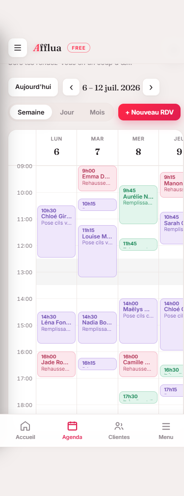 Aperçu de l'agenda « Ma semaine » dans Afflua