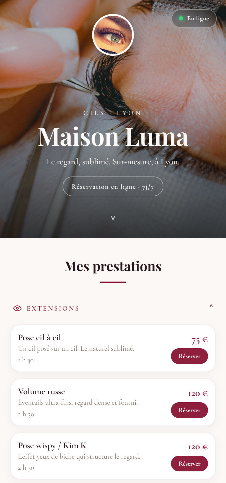 Exemple de page Afflua — Maison Luma (cils)
