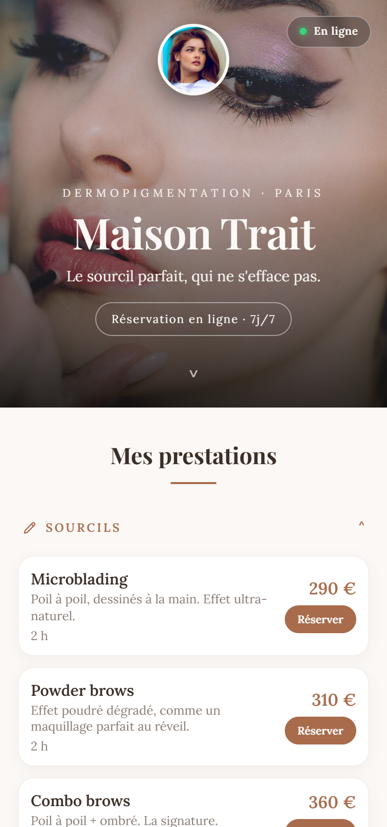 Exemple de page Afflua — Maison Trait (sourcils)