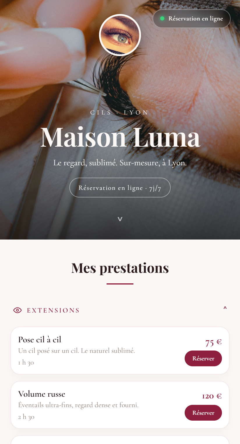 Page Afflua de Maison Luma : réservation en ligne, prestations cils (pose cil à cil, volume russe) avec prix
